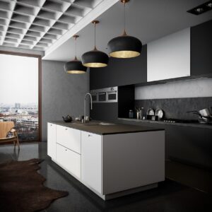 modern kitchen 3 monochromatic kitchen black and inner bronze hanging lights black glossy floor